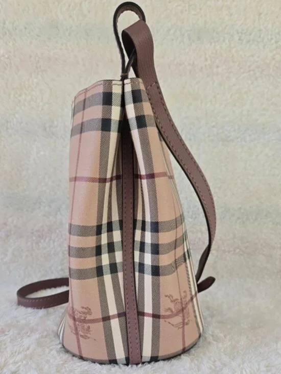 Burberry Haymarket Check Lorne Bucket Crossbody- Light Elderberry - Picture 2 of 11